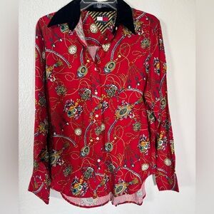 Tommy Hilfiger 90s Vintage Womens Button Up Size 6 Red Printed Velvet Collar